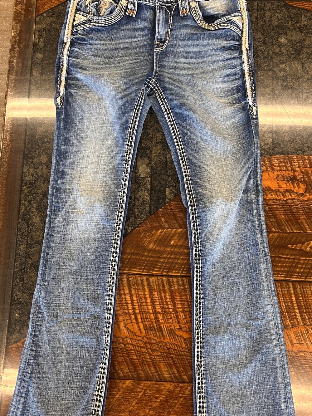 Rock Revival Boot Cut Jeans in Medium Blue with Gold Embroidery - Picture 5 of 6